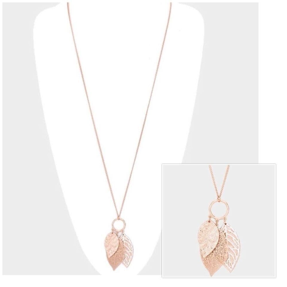 New Womens Boutique Worn Rose Gold & Silver Metal Leaf Filigree Pendant Necklace